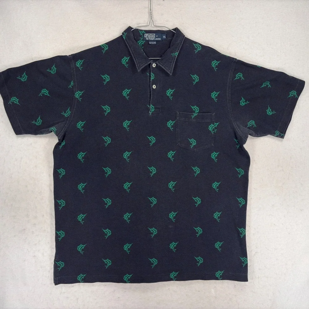 Vintage Polo Ralph Lauren Marlin Fish Print Polo Shirt XL Black Green Cotton